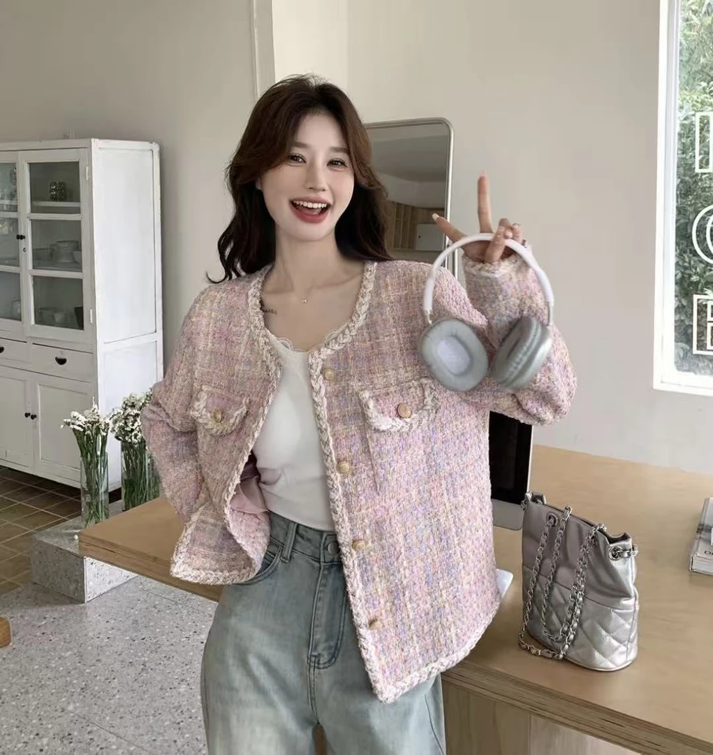 小香风女短款法式亲肤粗花短外套百搭法式长袖粗花