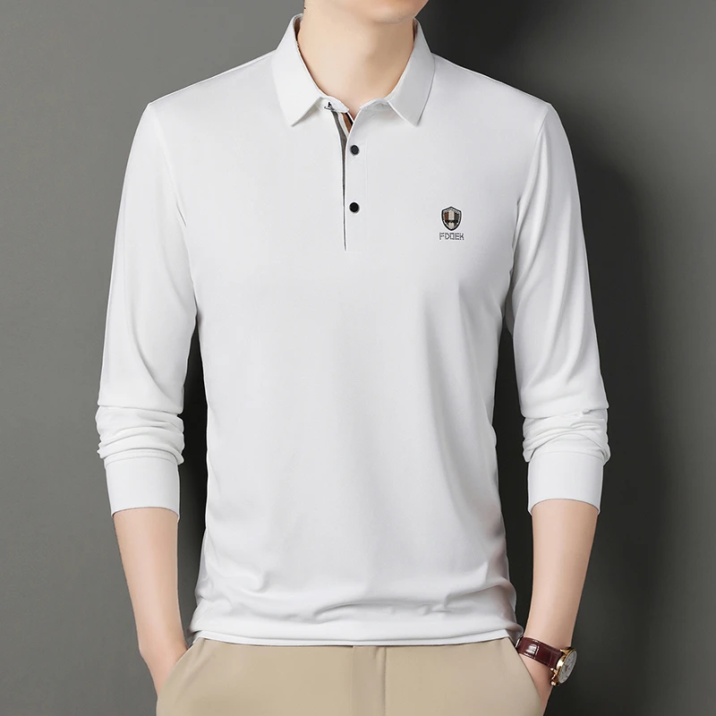 男士长袖Polo衫男春秋新款中年休闲时尚百搭翻领印花上衣纯色商务