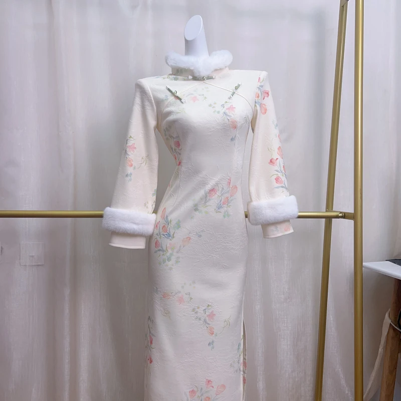 V-3356 郁金香 棉感针织 加绒 冬款 年轻款改良旗袍120cm长款