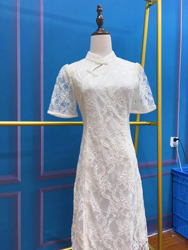 V-2635 人鱼姬 植绒亮片蕾丝 双层夏款年轻款改良旗袍105cm长款