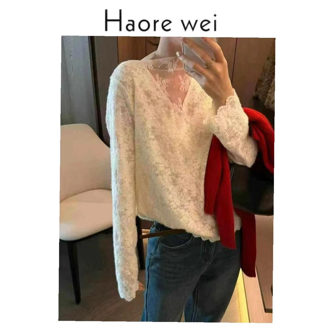 Haore Wei温柔风气质刺绣钩花蕾丝衫2026早春新款洋气百搭打底衫
