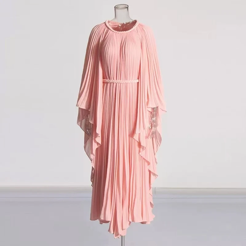 2025年新款时尚高级感甜美百褶收腰系带连衣裙女041