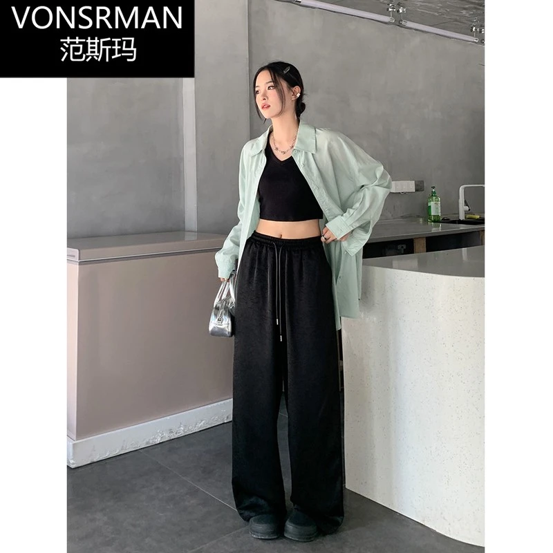 范斯玛春夏 夏日凉快丝滑休闲神裤女显瘦仿醋酸黑色防晒长裤