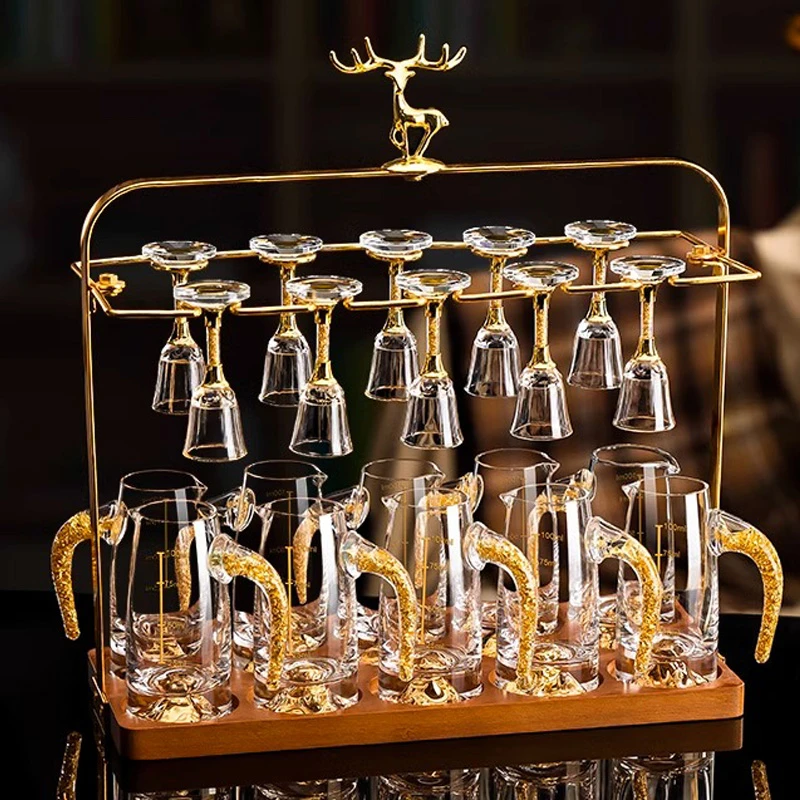 中式高档金箔白酒杯套装家用水晶二两分酒器小酒杯10ml高脚杯收纳