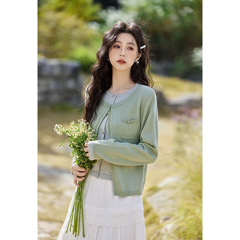 【年中大促】谜秀【羊毛】设计感假两件撞色针织开衫2025春装新款简约