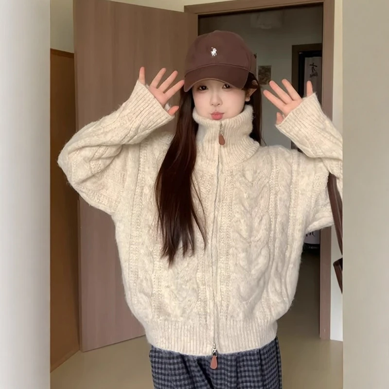 慵懒风高领毛衣外套女2025新款深秋初冬穿搭双拉链设计感针织开衫