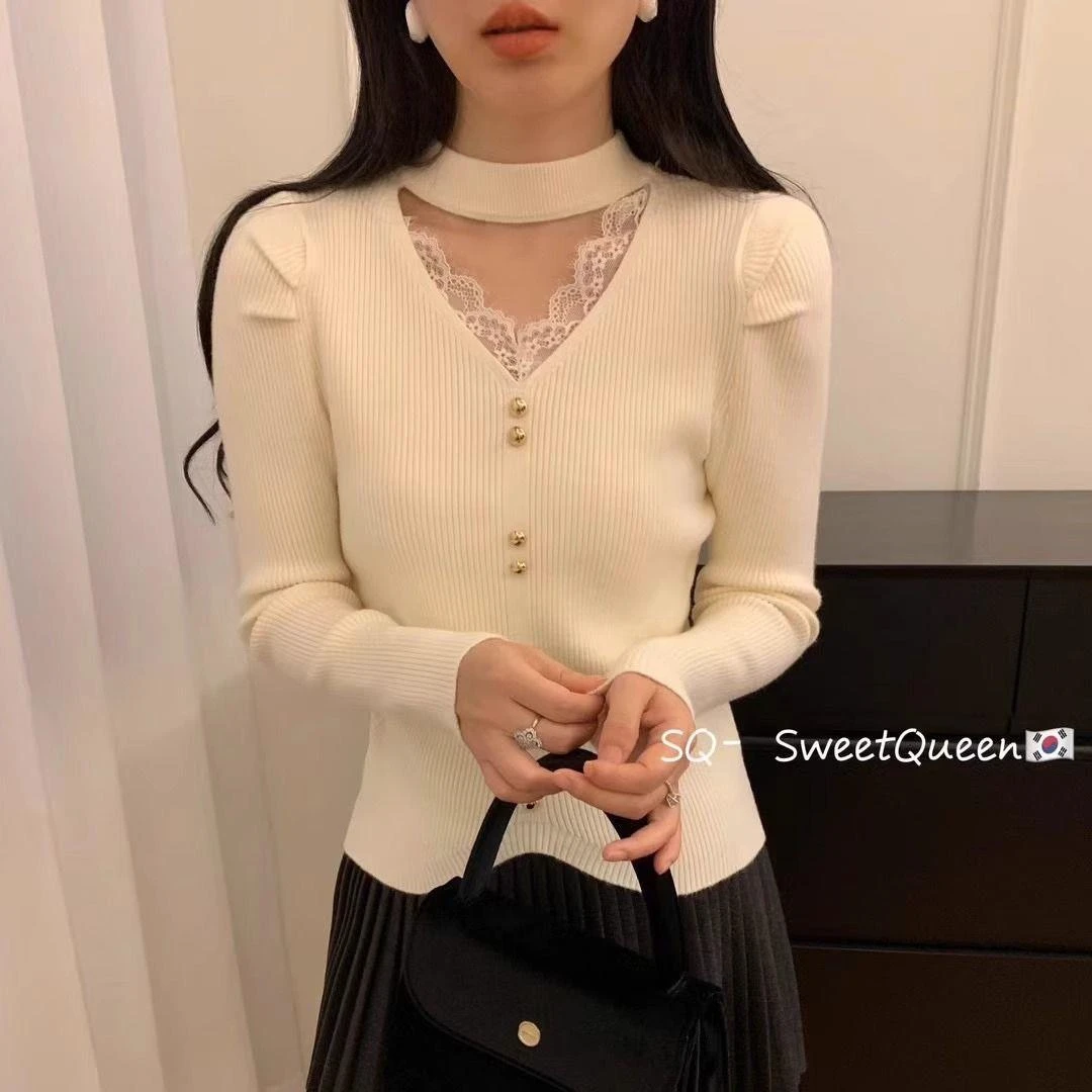 加厚V领挂脖毛衣打底衫女秋冬新款蕾丝拼接修身显瘦设计小众衣服