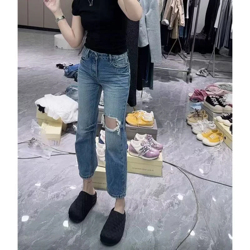 飞芊娅新款复古破洞直筒牛仔裤梨形身材宽松显瘦小个子九分烟管裤