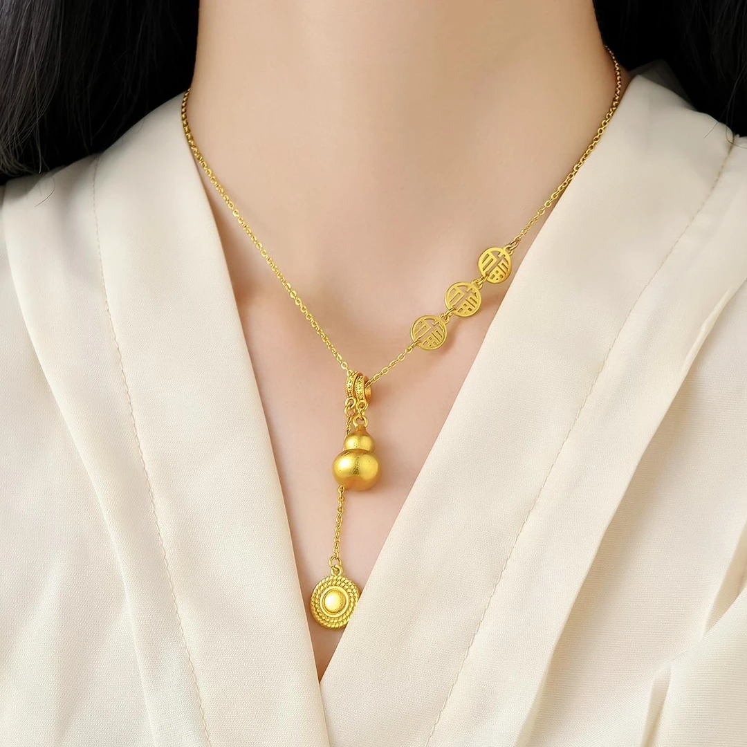 铜合金项链 福字吉祥如意葫芦吊坠项链女古法流苏复古百搭锁骨链