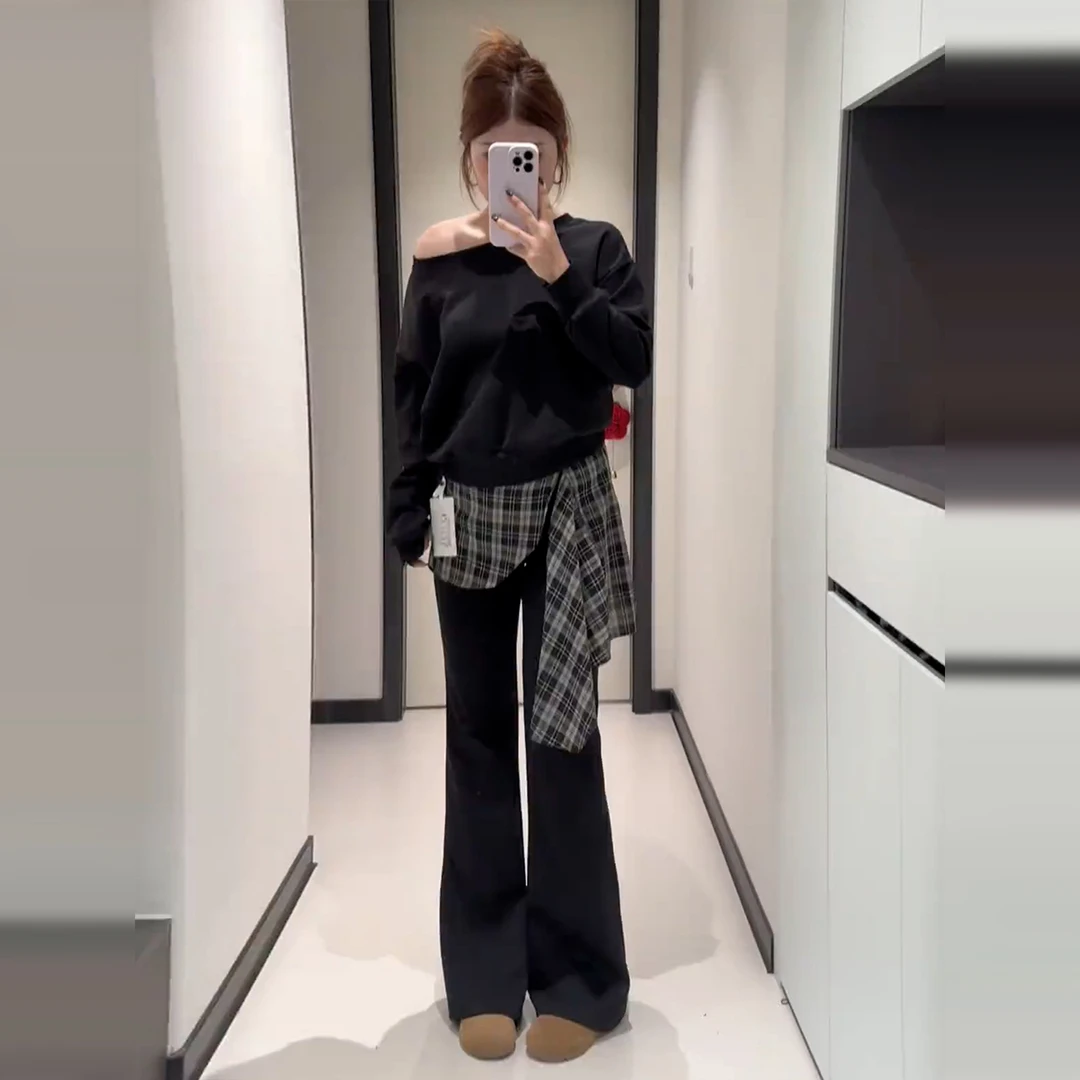 早秋韩系氛围感穿搭一整套巨好看休闲运动斜肩卫衣套装女2025新款