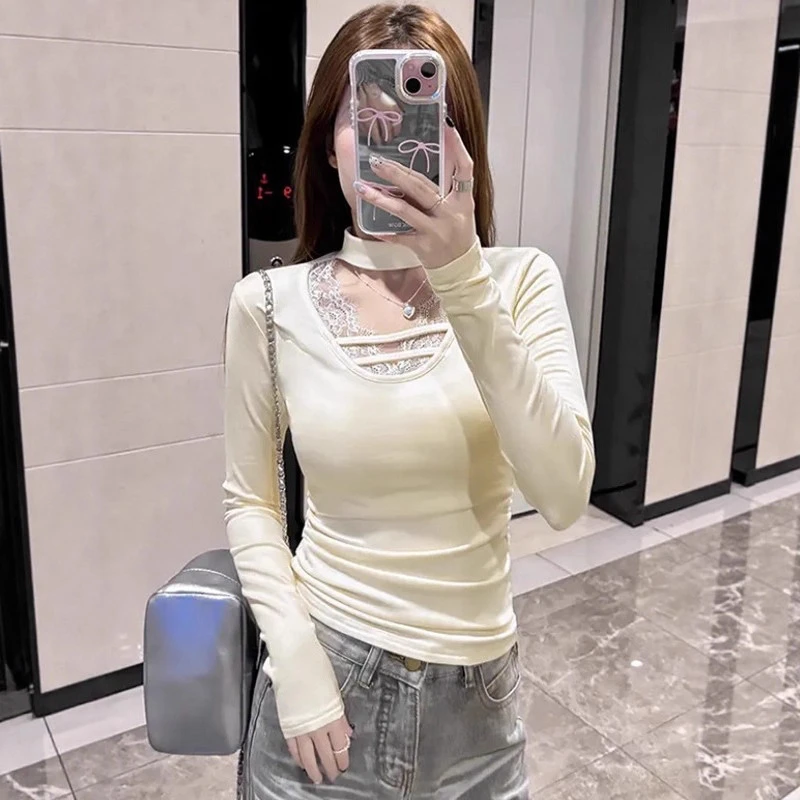 纯欲风显瘦蕾丝拼接v领长袖加绒挂脖T恤女秋冬修身加绒打底衫