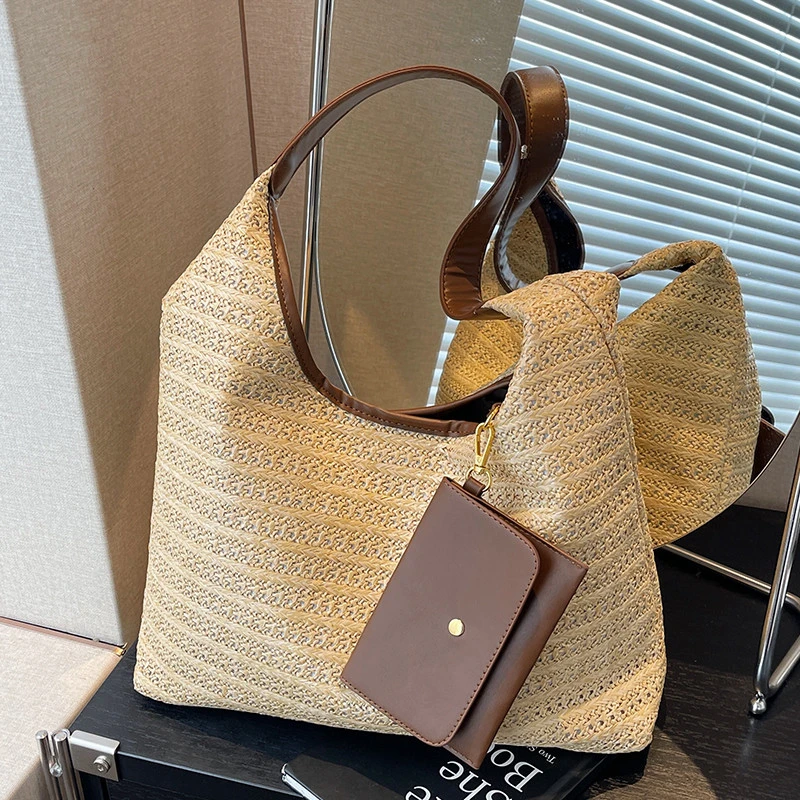 百搭慵懒风草编托特包女2025新款时尚大容量单肩编织包上班通勤包