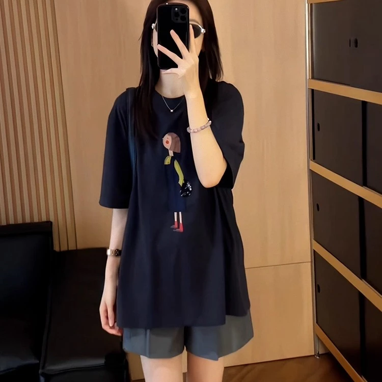 2025超火两件套夏装卡通女孩印花短袖T恤日常休闲短裤洋气套装女