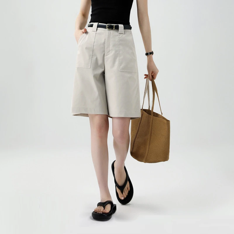 米灰休闲工装五分裤女2025新款夏季冰丝薄款宽松阔腿中裤高腰短裤