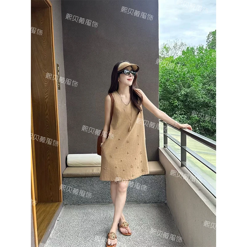 【浮浮款，只出不进】重工钉珠V领夏季新款慵懒感连衣裙 G7992