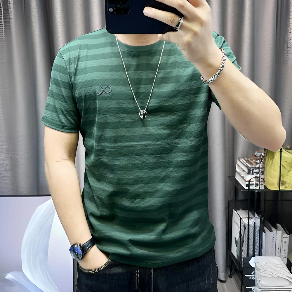 欧货2025夏季新款男士条纹短袖T恤衫高端修身薄款圆领半袖上衣潮