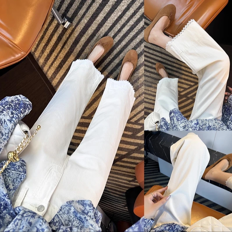 高个子小个子可穿显瘦百搭直筒蕾丝拼接白色牛仔裤1125