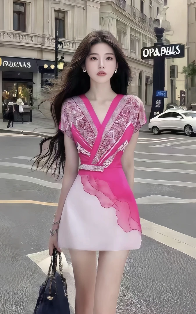 法式温柔知性风时尚高端大气玫红色V领收腰设计感氛围感连衣裙女