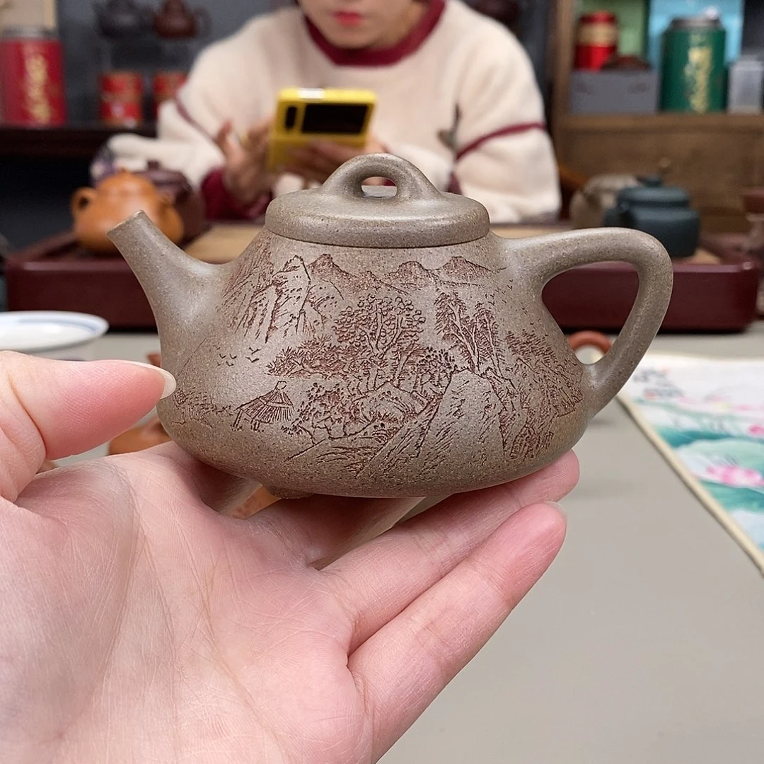 茶壶紫砂黄降坡高温子冶石瓢刻山水200cc