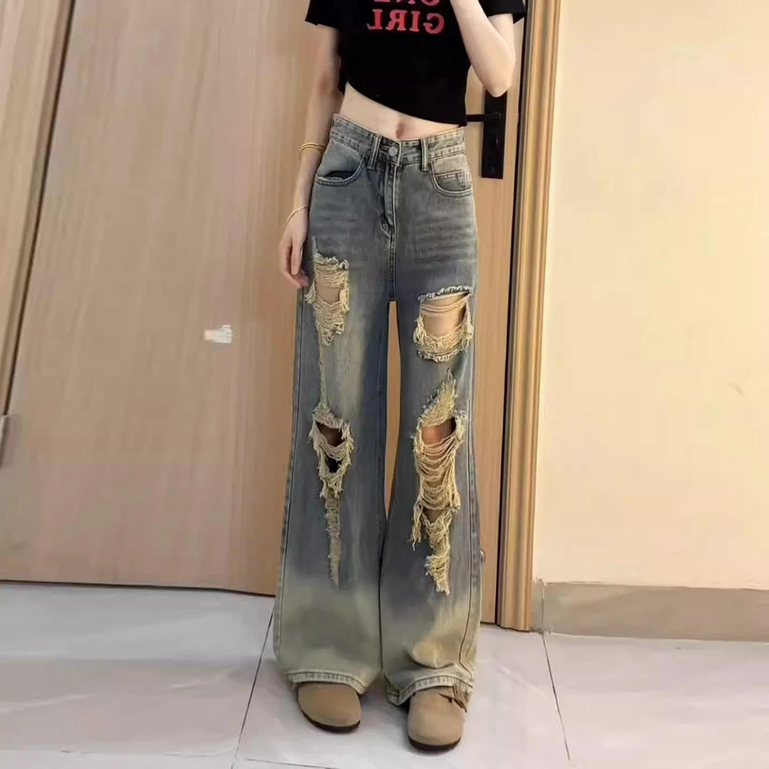美式辣妹破洞阔腿牛仔裤女夏薄款2025新款复古水洗高腰直筒拖地裤