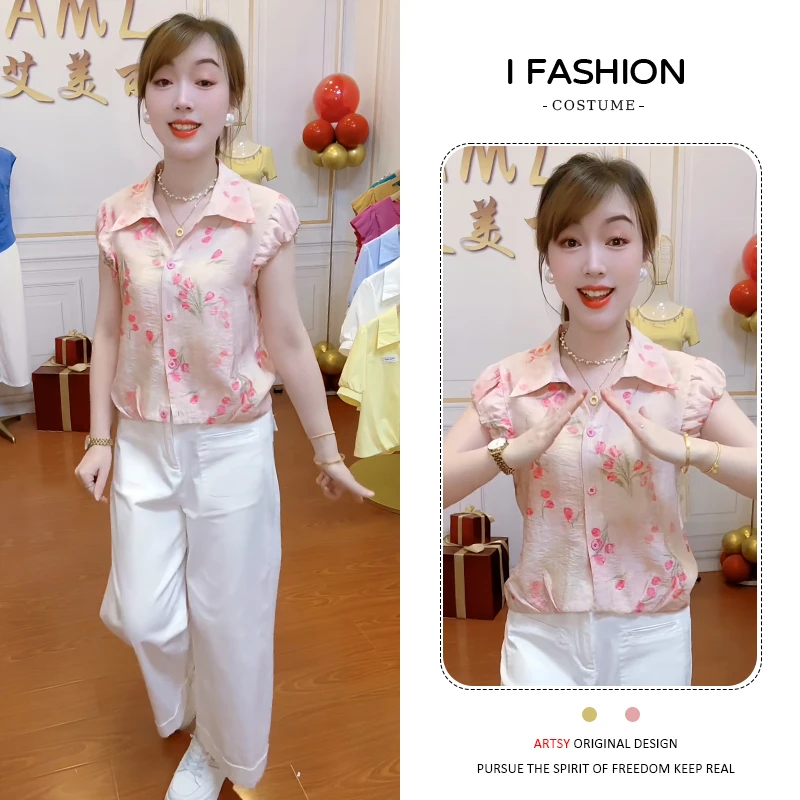 设计感休闲短袖衬衫女2025年夏季新款显瘦港风复古油画印花上衣潮