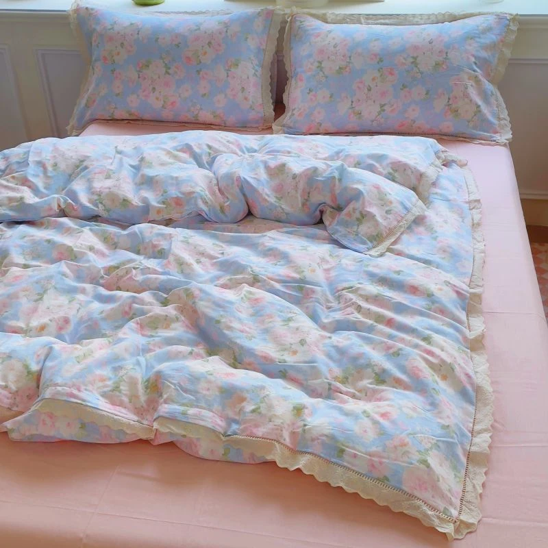 春夏新款纯棉双层纱四件套花边款床上用品全棉被套床单家纺床品