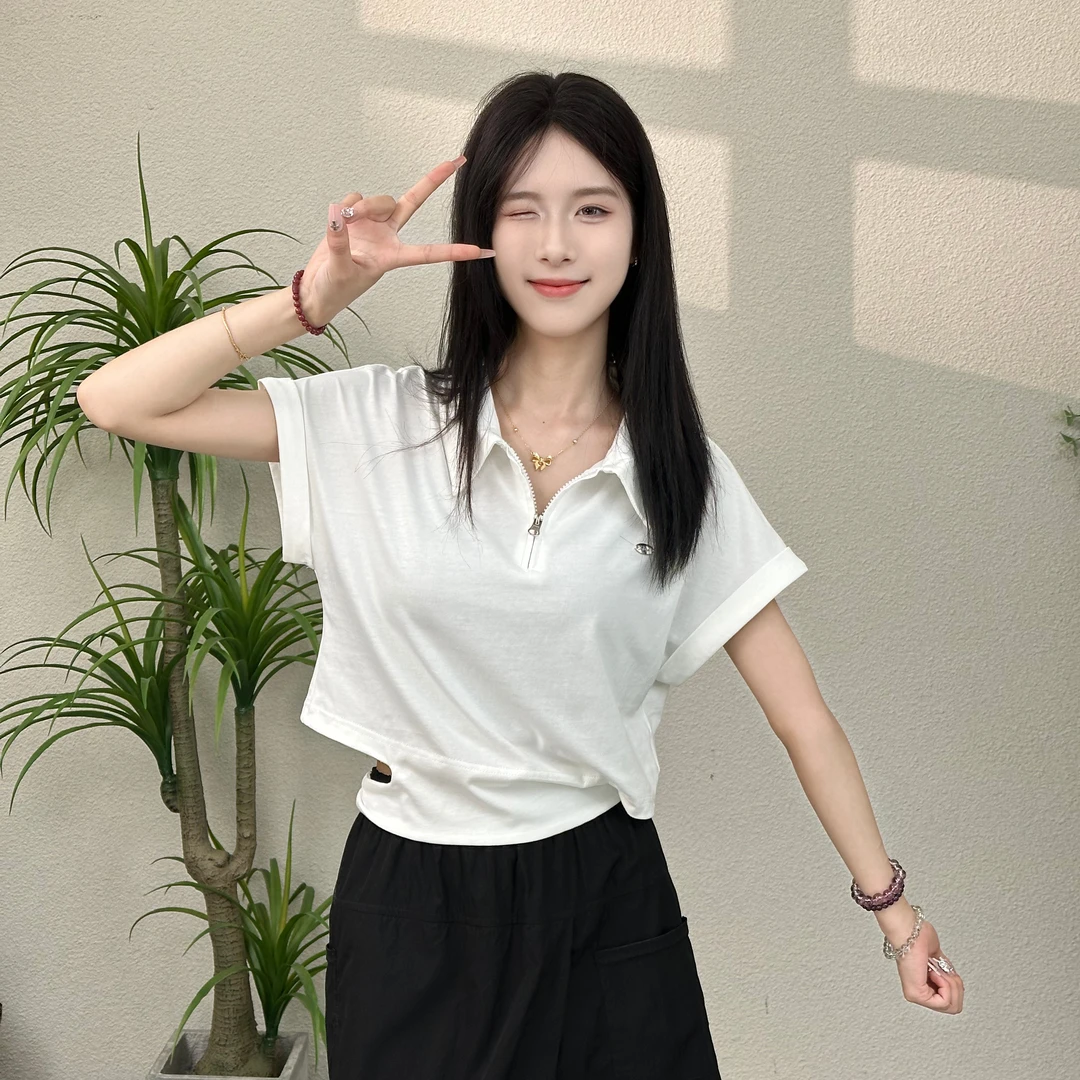 2025夏季新款设计感半拉链翻领短袖T恤女上衣