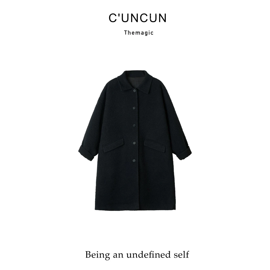 【村村CUNCUN】简约英伦风保暖宽松廓形后开叉设计感中长款大衣外套