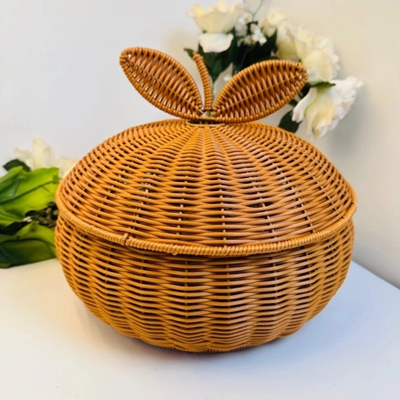橘子创意收纳手工干果鸡蛋水果零食蓝家用客厅带盖藤编编织圆形藤