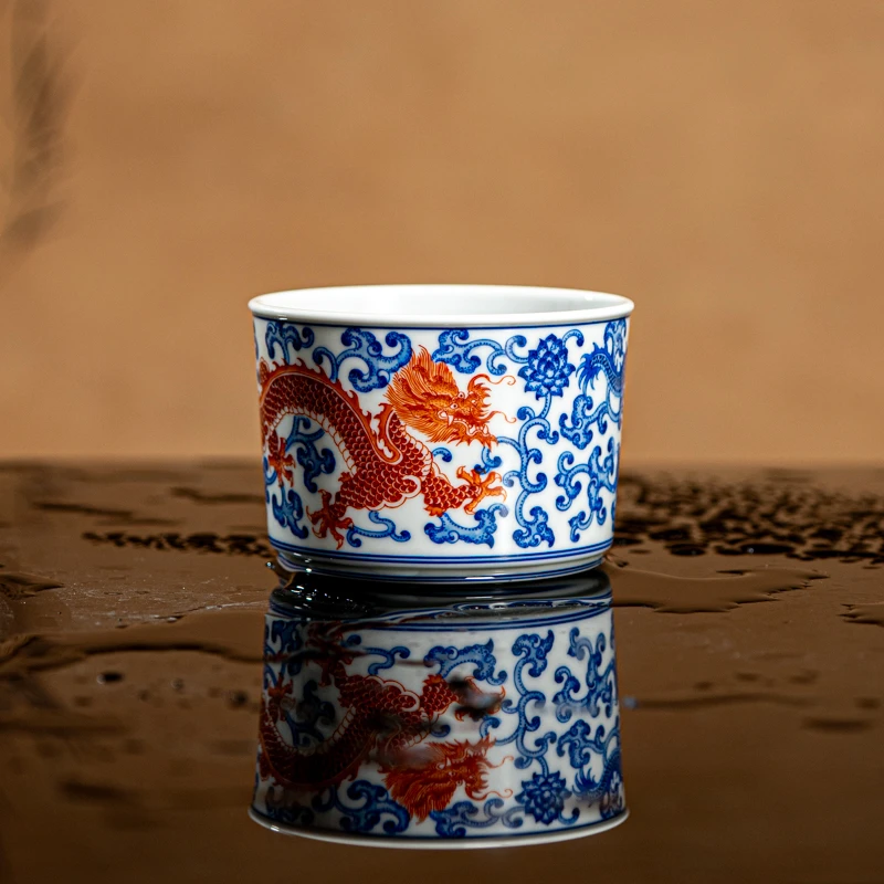 【墨舍柴窑】矾红缠枝双龙大容天杯（moshe1027）手工手绘茶具景德镇