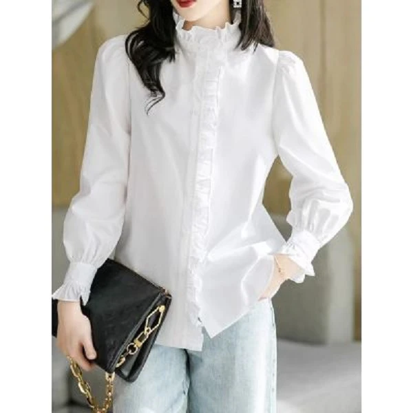 新款白色小众衬衫女上衣内搭长袖荷叶边立领纯色设计感木耳边衬衣