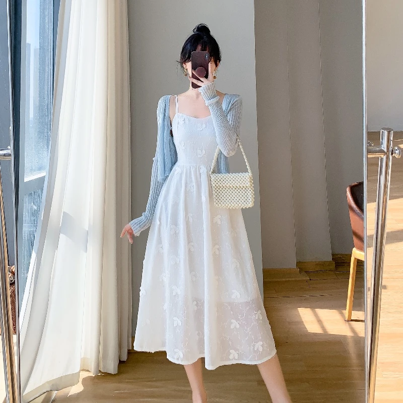 夏季超仙显瘦纯色提花吊带裙小清新度假风气质收腰连衣裙两件套