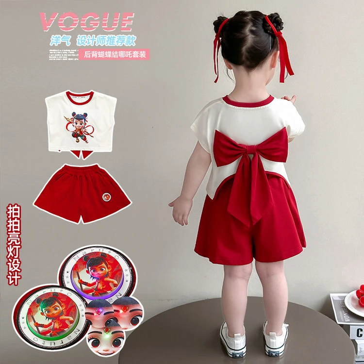 女小童短袖套装夏季2025新款女宝宝卡通哪吒夏装小女孩休闲两件套