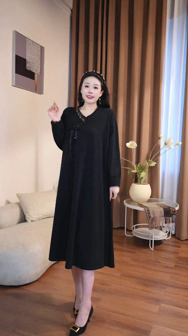 2503 新中式连衣裙优雅气质女装秋季2025新款显瘦黑色针织裙