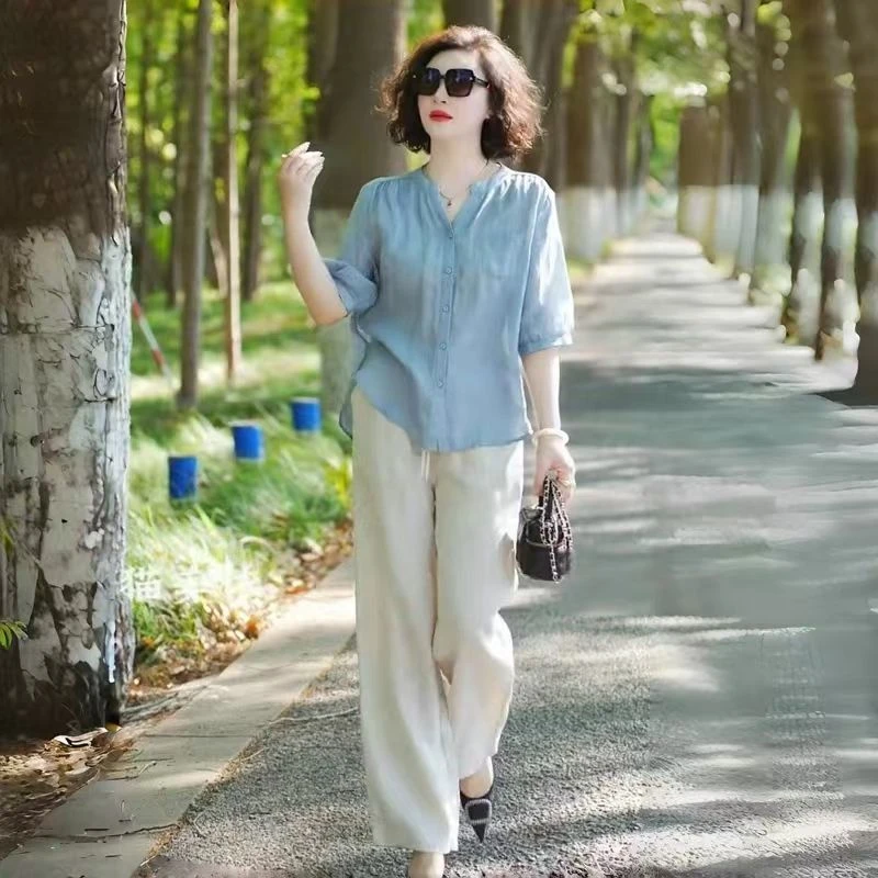 洋气中式妈妈国风棉衬衫时尚套装夏季减龄棉上衣阔腿裤两件套