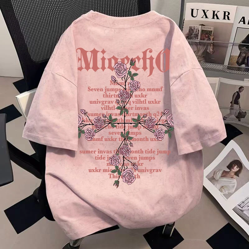 女童扎染纯棉短袖t恤夏装新款美式复古潮牌洋气中大童宽松上衣服