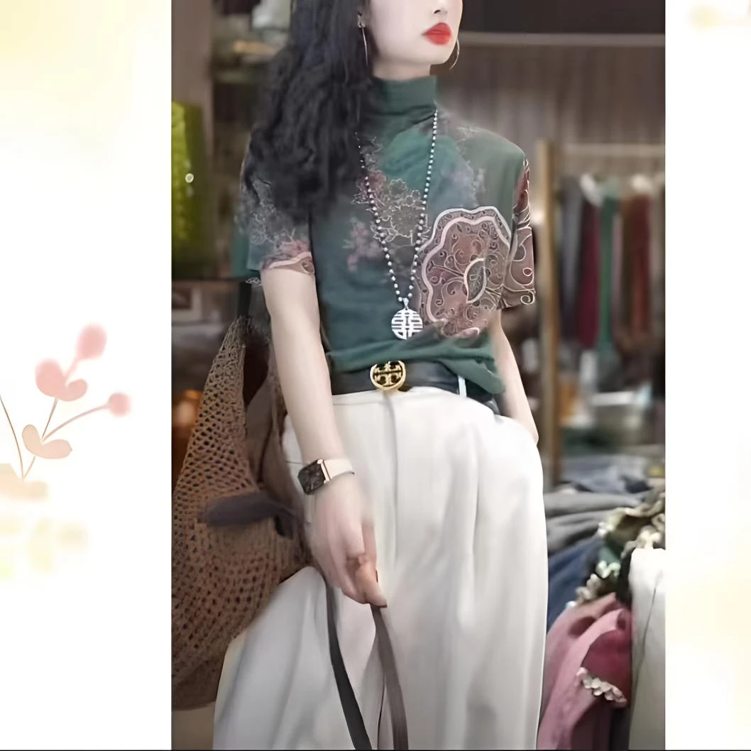 早秋新款时尚洋气新中式立领半高领印花短袖打底衫女