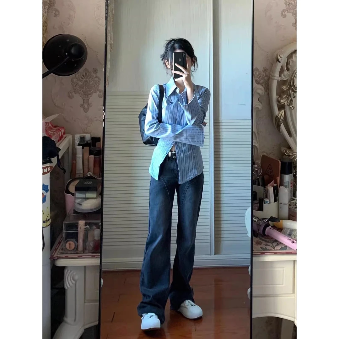 蓝色条纹收腰长袖衬衫女春秋冬内搭打底衫修身显瘦设计感小众上衣