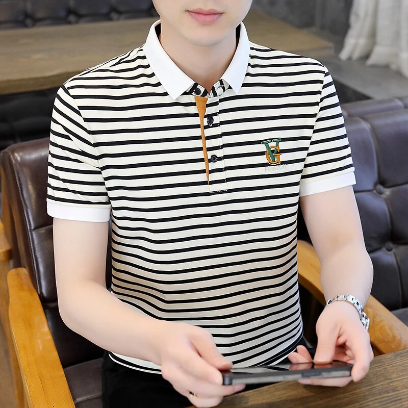经典条纹刺绣男士商务Polo衫夏季新款短袖百搭斜纹棉稳重透气翻领
