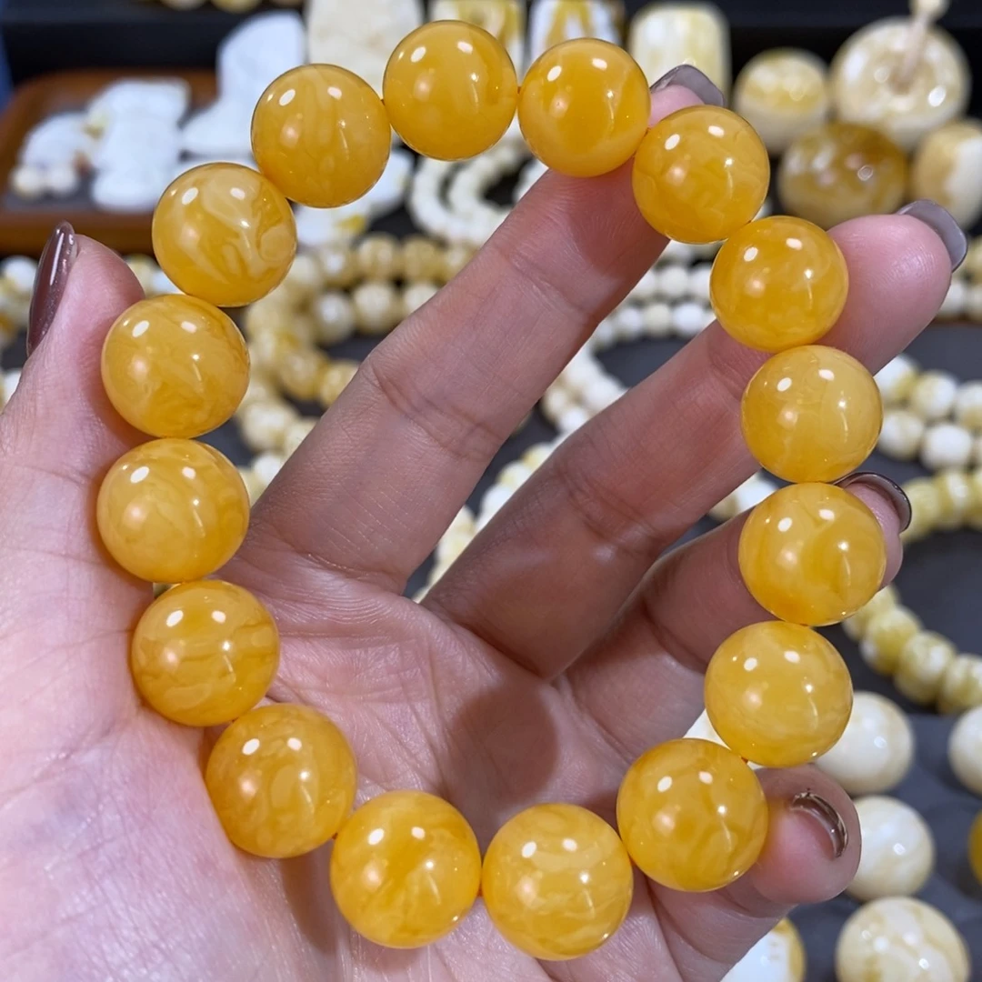 蜜蜡手串未镶嵌13mm+焦皮料鸡油红橘红满蜡手串