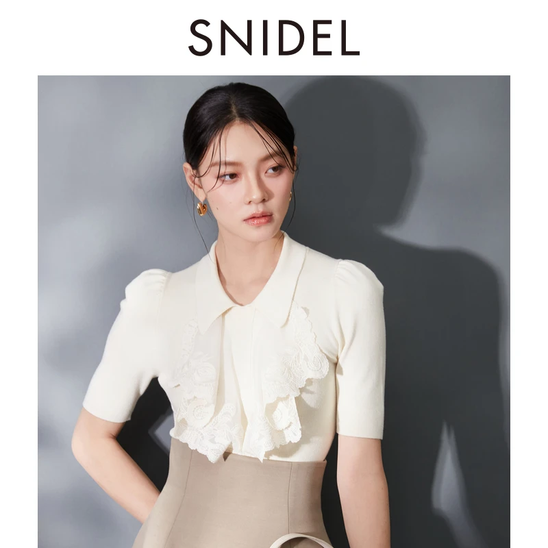 SNIDEL2025春夏新品翻领系带短袖蕾丝刺绣针织衫上衣SWNT251217