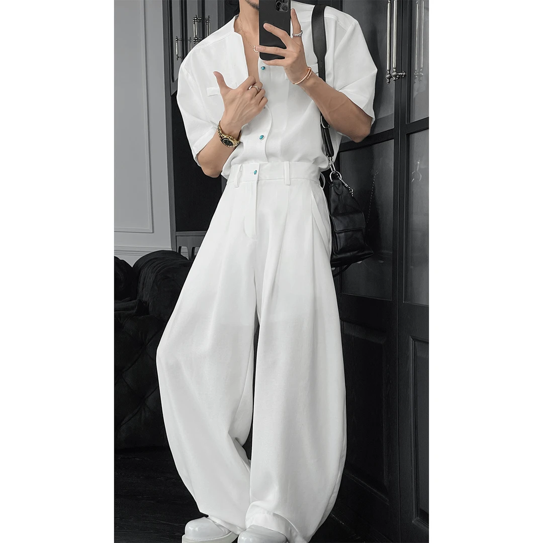 龙叨叨夏季新品简约高级感短袖衬衫套装男设计感宽松休闲衬衣长裤