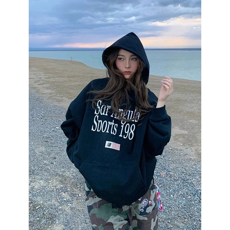 美式复古字母印花黑色连帽加绒卫衣女2024秋冬季重磅高街帽衫上衣