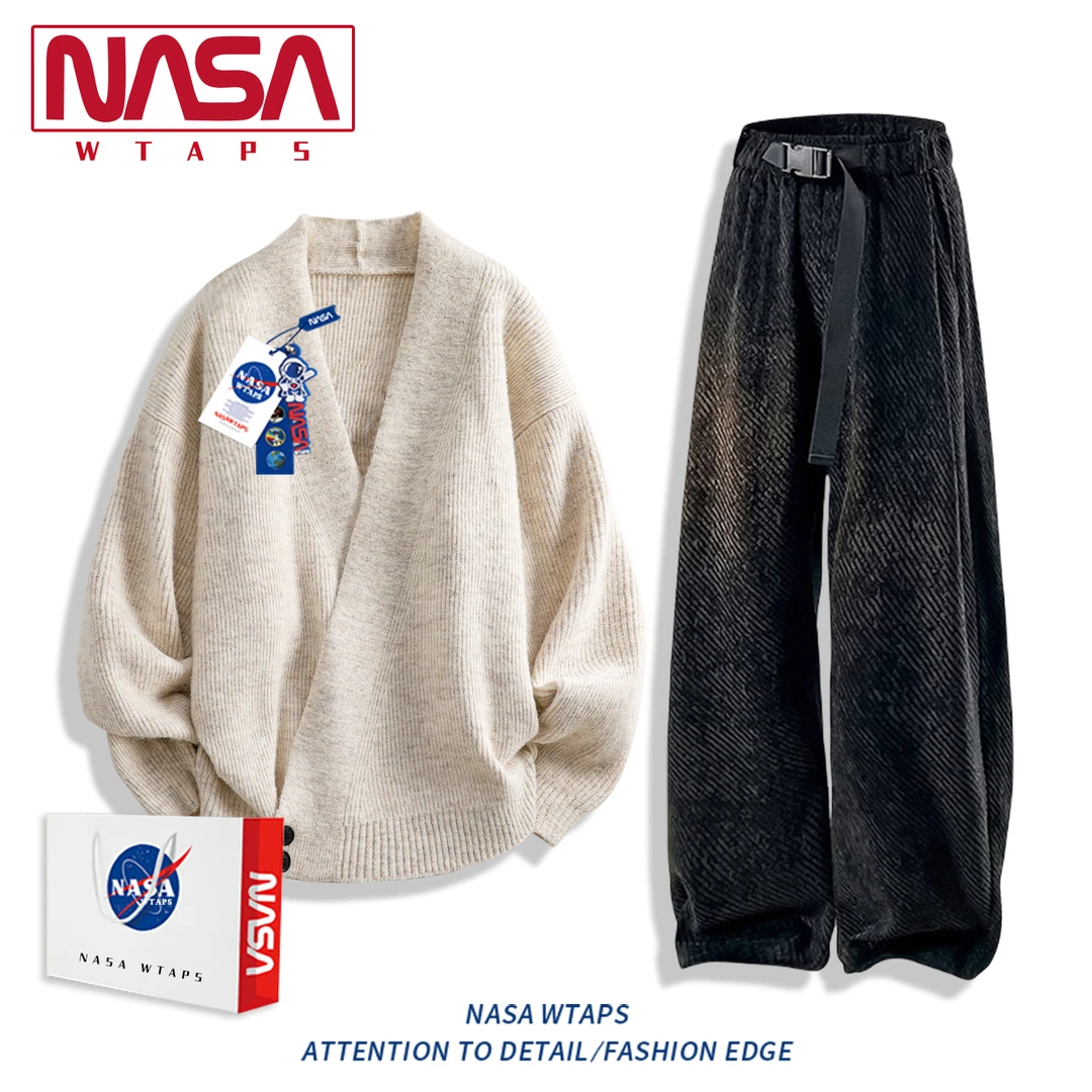 NASA WTAPS老钱风毛衣套装男春秋2025新款青少年设计感宽松一整套