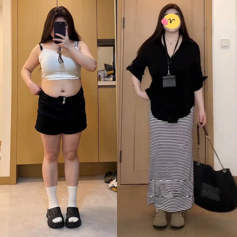 大码胖mm秋季新款宽松百搭简约衬衫条纹直筒长款半身裙套装潮