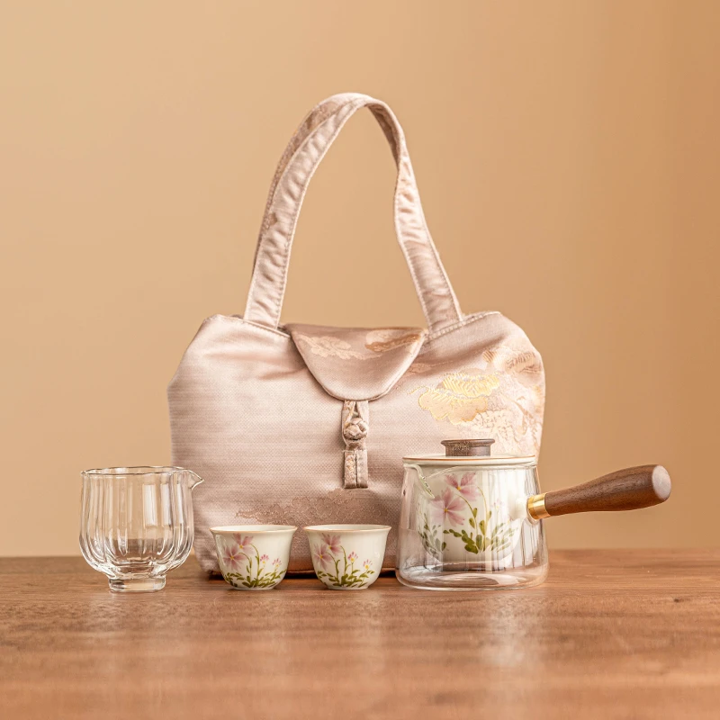 手绘小雏菊侧把壶茶具套装户外旅行茶具便携式随身功夫泡茶杯套装