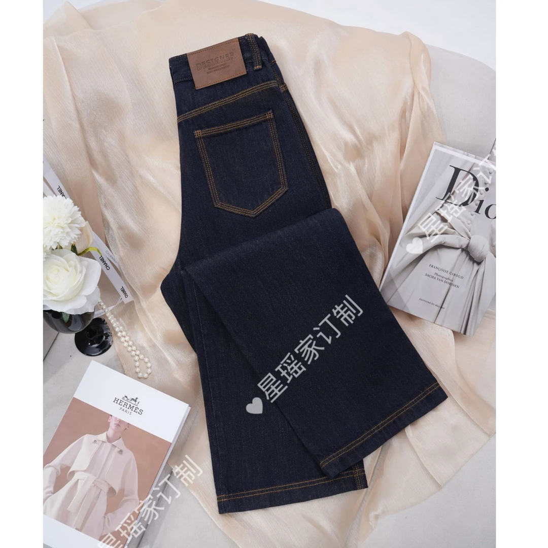 三本针窄版直筒牛仔裤2025年新款秋冬加绒加厚高腰宽松显瘦阔腿裤