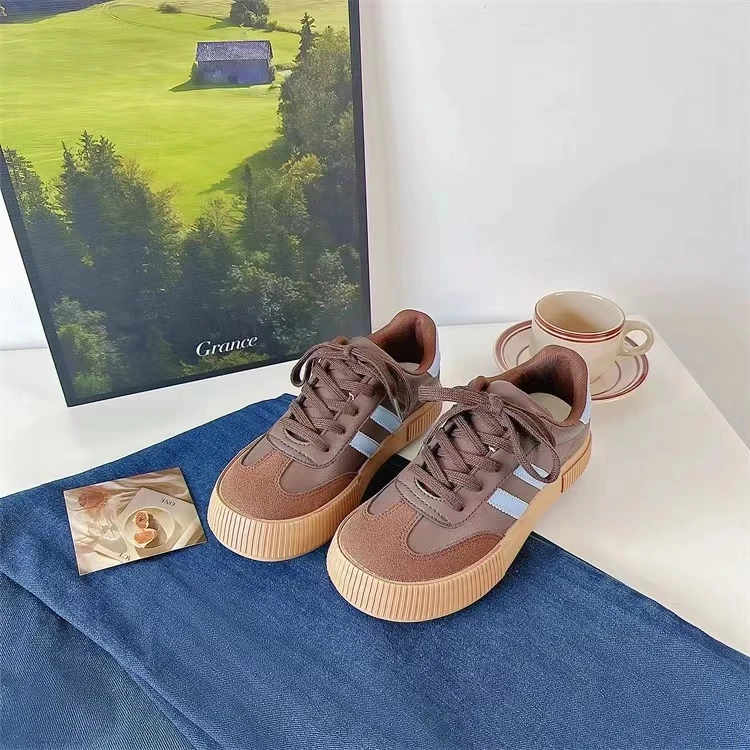 G1208 棕色 百搭休闲板鞋女2024新款学生厚底德训鞋复古小白鞋