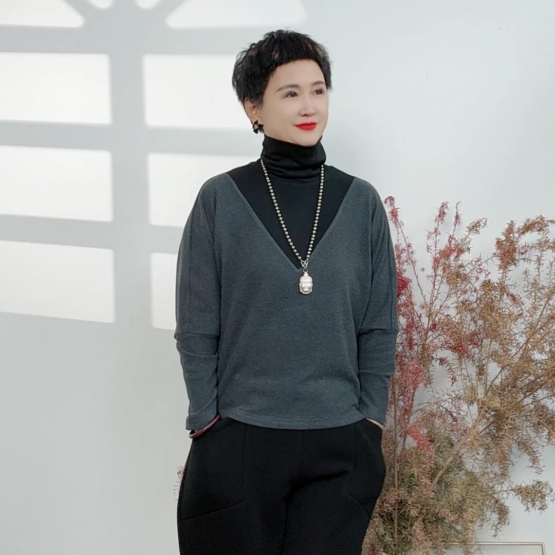 拼接撞色高领中长款打底衫长袖女秋冬设计遮屁股休闲上衣百搭