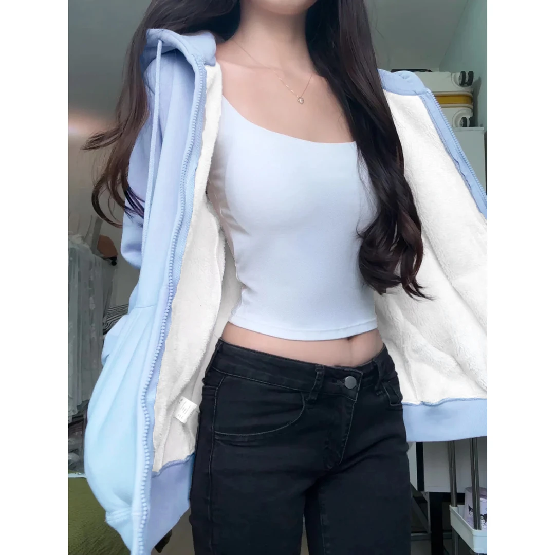 蓝色连帽加绒卫衣初冬厚外套女2025新款小个子羊羔毛绒开衫秋冬季